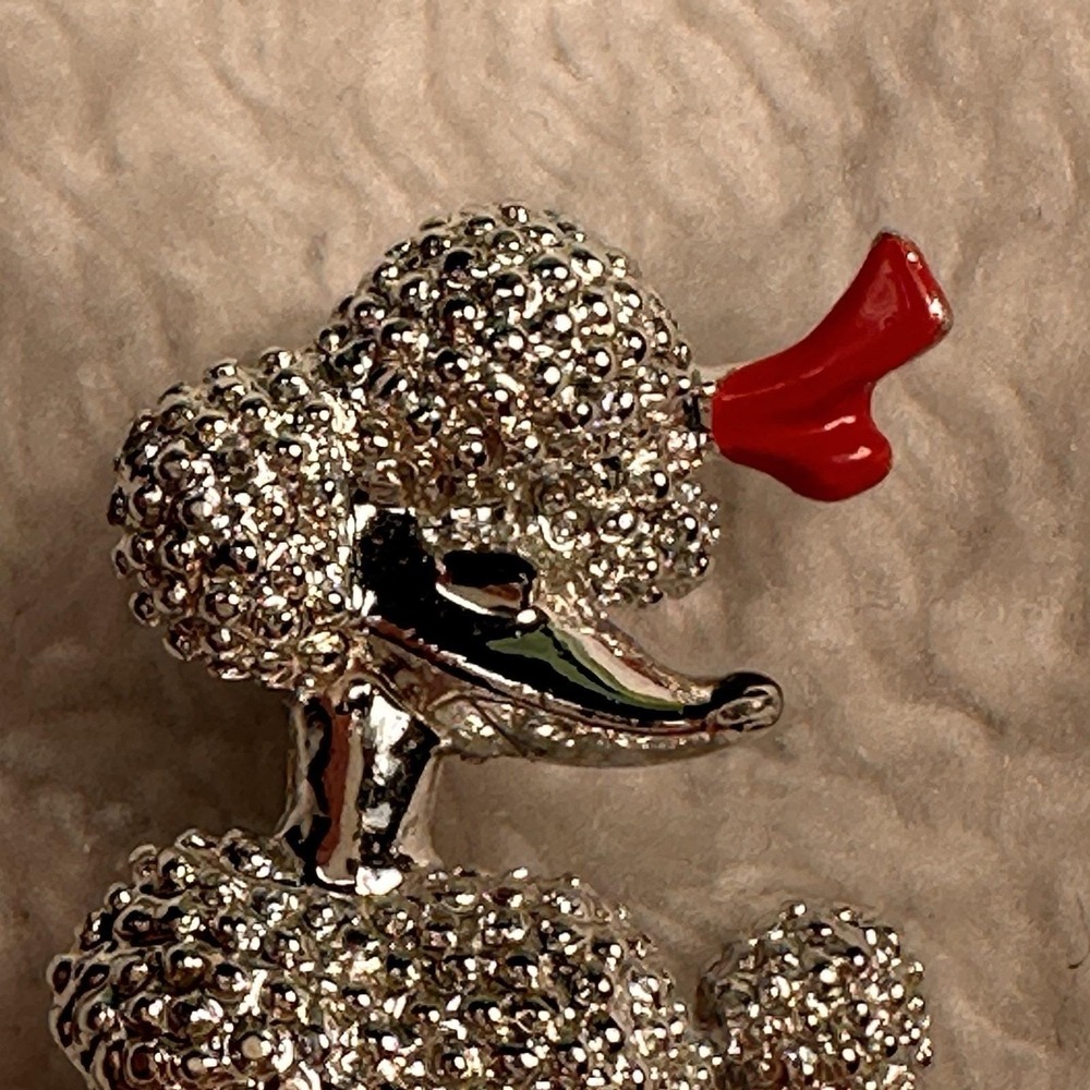 French Poodle Dog Pin Brooch Silver-tone Red Bow Vintage - Picture 3 of 6